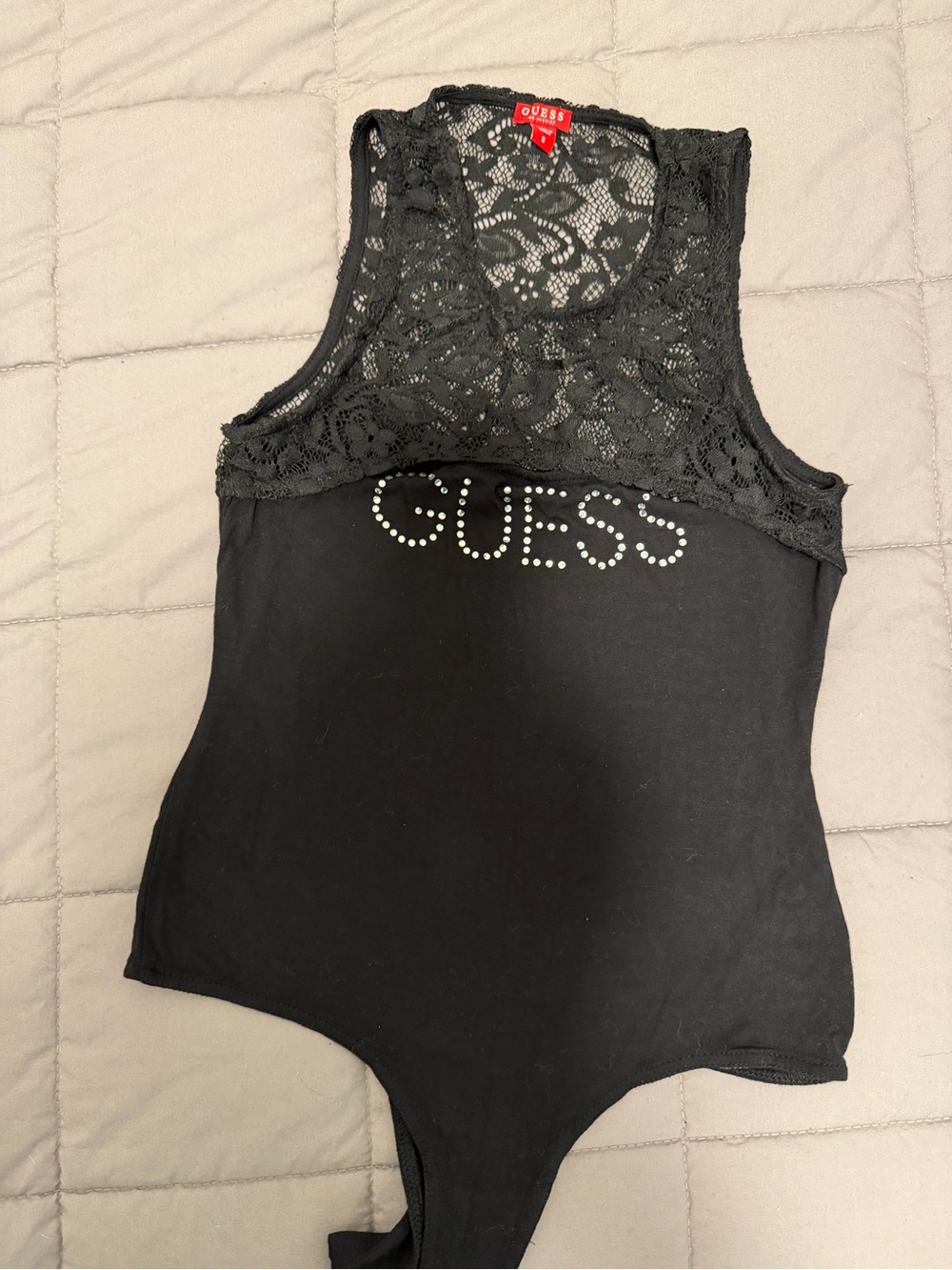 GUESS Black Lace Rhinestone Logo Bodysuit Size S